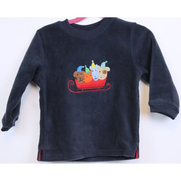 GAP Baby Aminals On Red Sled Navy Blue Fuzzy Sweater sz M 2XL NWT Winter Holiday - Picture 1 of 6